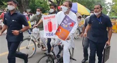Rahul Gandhi rides bicycle to Parliament to protest fuel hike
